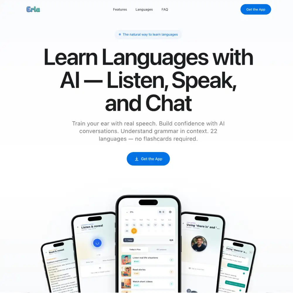 Erla website showing the headline Learn languages with AI and a fan of iPhone screens with listening and chat lessons