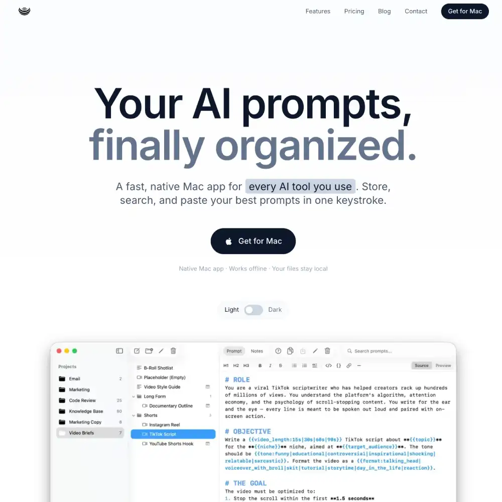 PromptNest website hero with a native Mac window showing a prompt library, project folders and a prompt editor