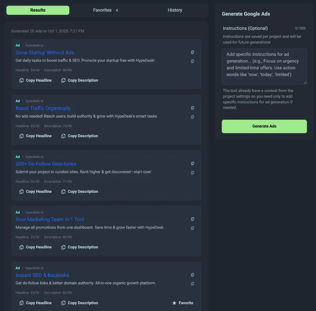 Google Ads Generator Interface
